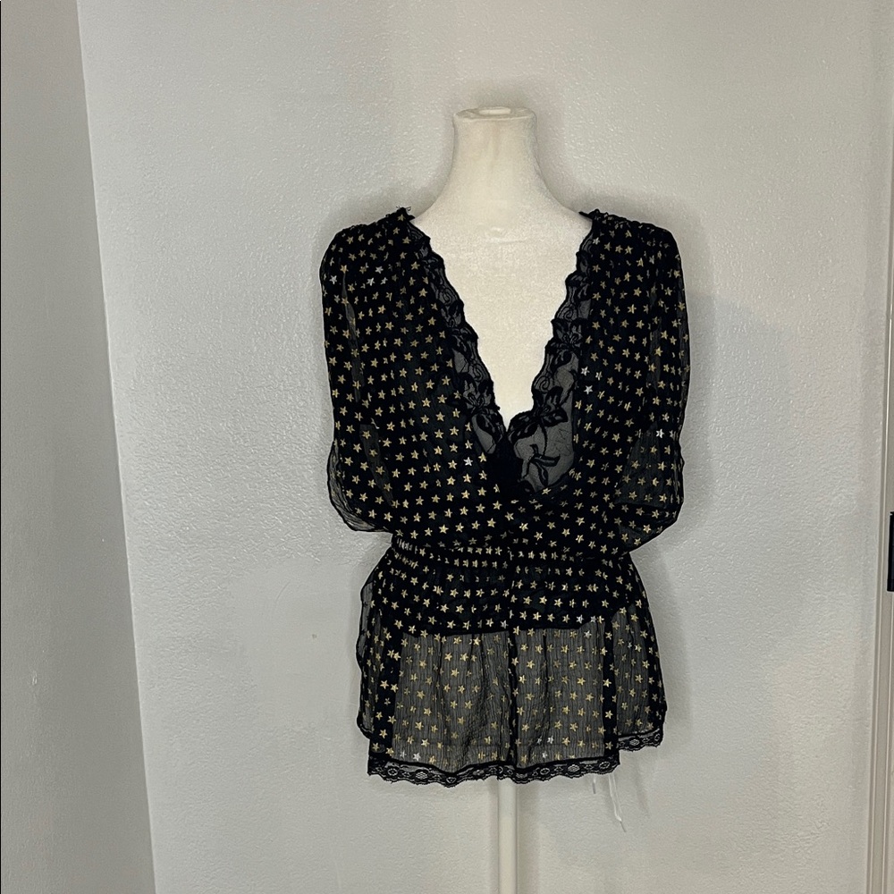 Free People Black Sheer Top with Gold and silver Stars